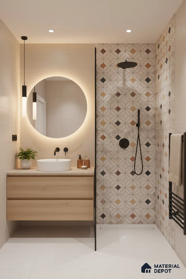 Scandinavian bathroom with geometric patterned shower wall tiles and light oak vanity in Bengaluru | Material Depot
