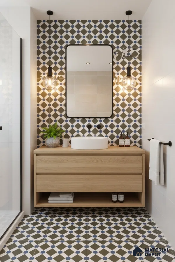 Scandinavian bathroom with geometric patterned tiles and light oak vanity in Bengaluru | Material Depot