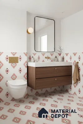Scandinavian bathroom with geometric patterned tiles and walnut wood vanity in Bengaluru | Material Depot