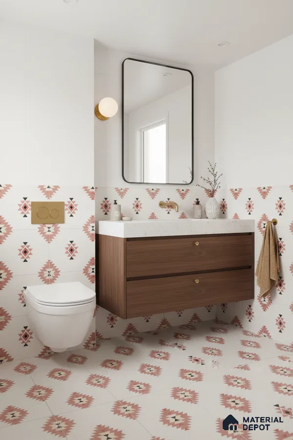 Scandinavian bathroom with geometric patterned tiles and walnut wood vanity in Bengaluru | Material Depot