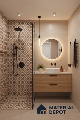 Scandinavian bathroom with geometric patterned tiles, beige wall tiles, and light oak vanity in Bengaluru | Material Depot