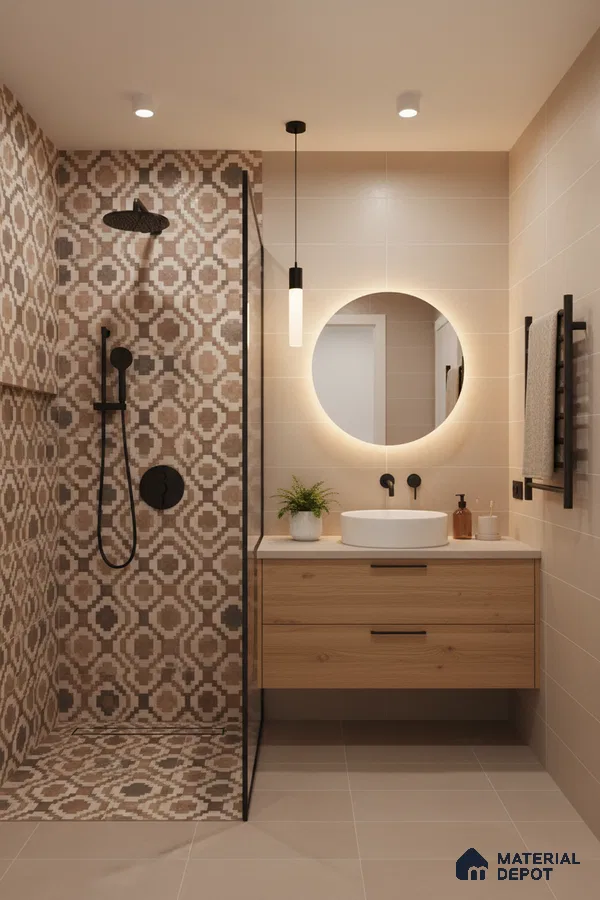 Scandinavian bathroom with geometric patterned tiles, beige wall tiles, and light oak vanity in Bengaluru | Material Depot