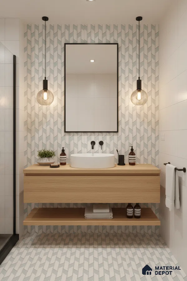 Scandinavian bathroom with geometric patterned wall and floor tiles and light oak floating vanity in Bengaluru | Material Depot