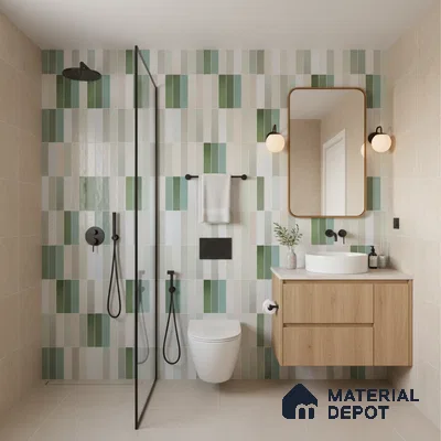 Scandinavian bathroom with green and beige vertical subway wall tiles and light oak floating vanity | Material Depot