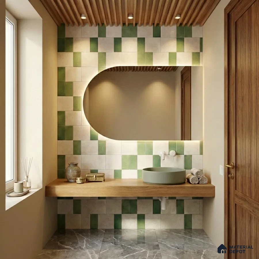 Scandinavian bathroom with green and white patterned wall tiles, wooden countertop, and grey marble floor tiles