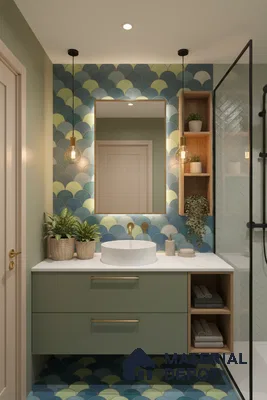 Scandinavian bathroom with green fish scale tiles, sage green vanity, and white countertop in Bengaluru | Material Depot