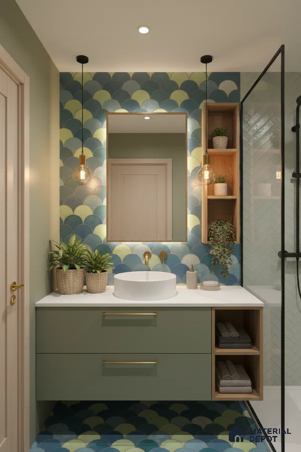 Scandinavian bathroom with green fish scale tiles, sage green vanity, and white countertop in Bengaluru | Material Depot