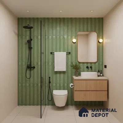 Scandinavian bathroom with green fluted wall tiles and light wood floating vanity | Material Depot