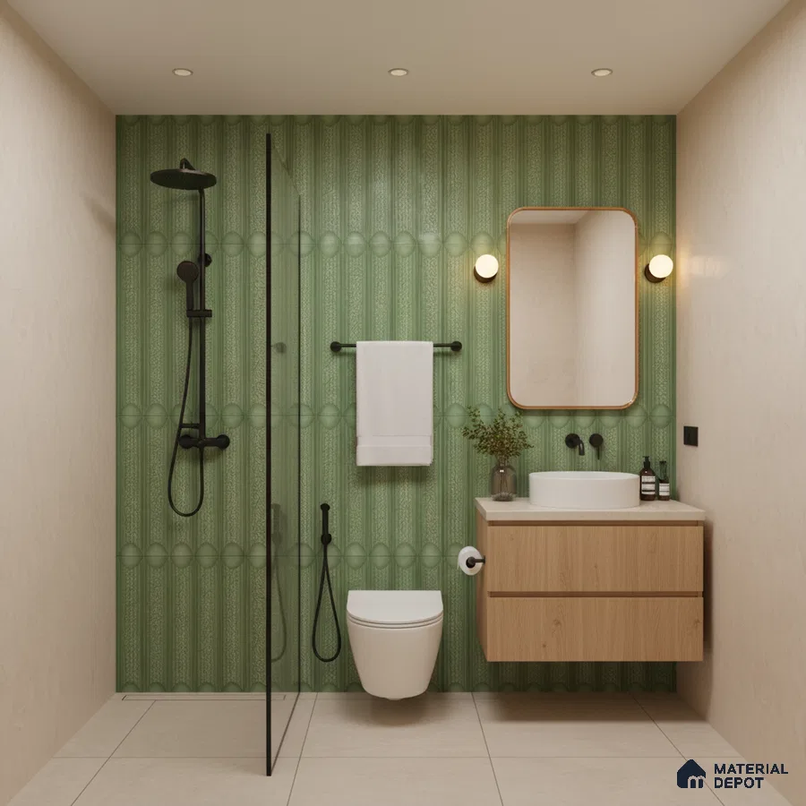Scandinavian bathroom with green fluted wall tiles and light wood floating vanity | Material Depot