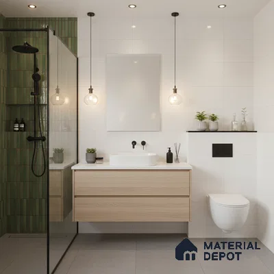 Scandinavian bathroom with green kitkat wall tiles, white wall tiles, and light oak floating vanity | Material Depot