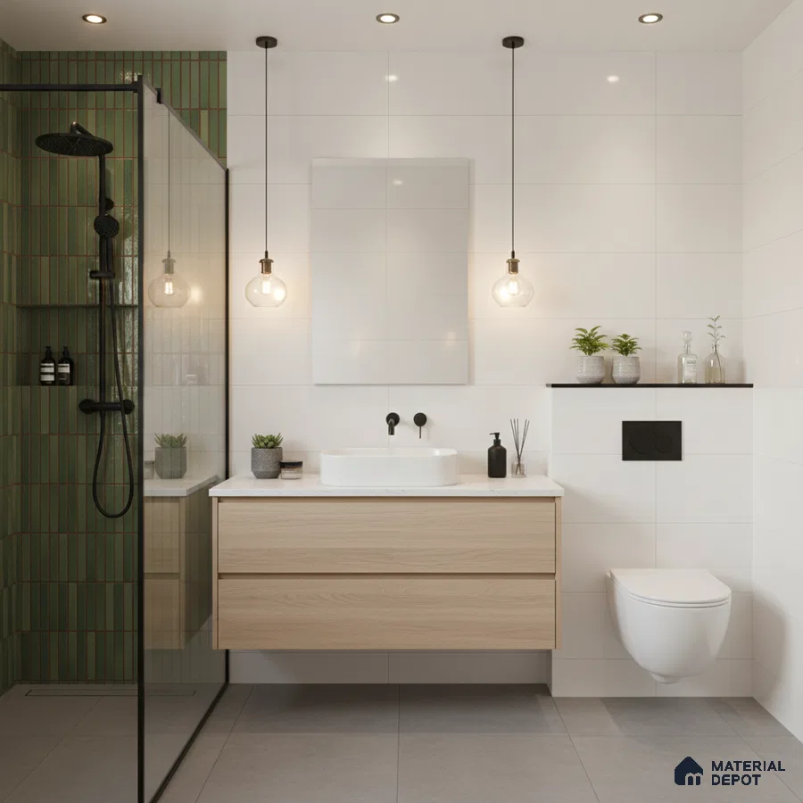 Scandinavian bathroom with green kitkat wall tiles, white wall tiles, and light oak floating vanity | Material Depot