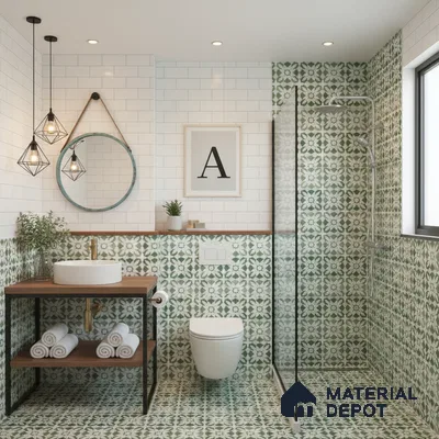 Scandinavian bathroom with green patterned moroccan tiles and white subway wall tiles in Bengaluru | Material Depot