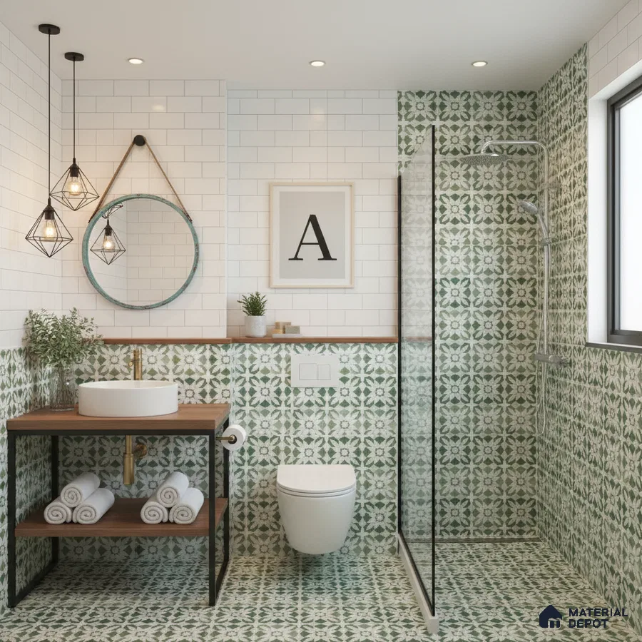 Scandinavian bathroom with green patterned moroccan tiles and white subway wall tiles in Bengaluru | Material Depot