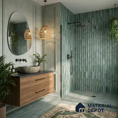 Scandinavian bathroom with green vertical subway wall tiles and wooden floating vanity