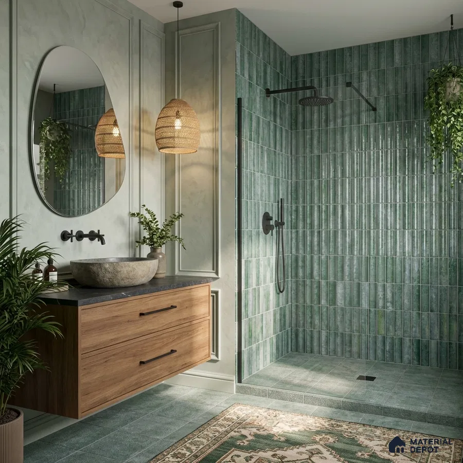 Scandinavian bathroom with green vertical subway wall tiles and wooden floating vanity
