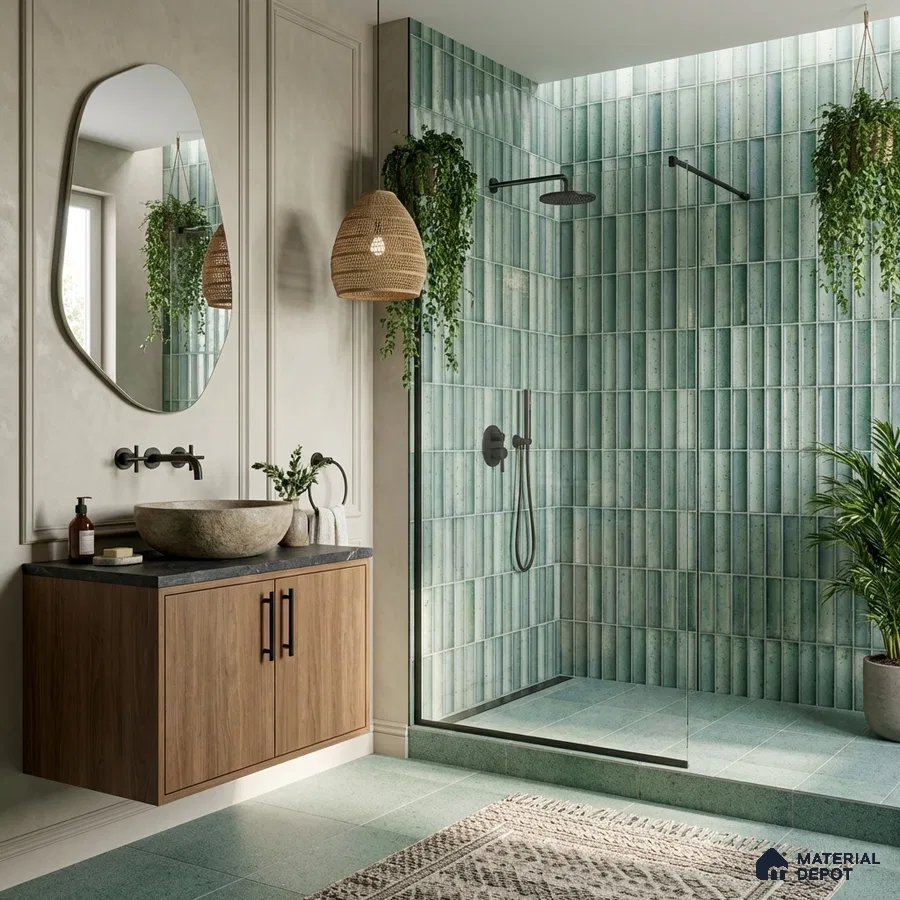 Scandinavian bathroom with green vertical subway wall tiles, stone basin, and wooden floating vanity