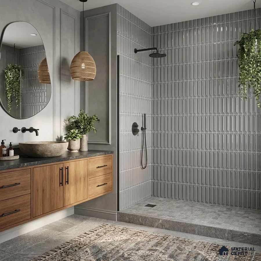Scandinavian bathroom with grey geometric wall tiles, natural wood vanity, and stone countertop