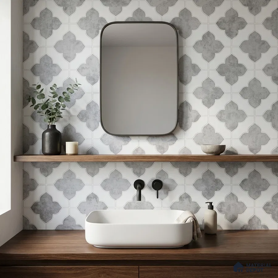Scandinavian bathroom with grey patterned wall tiles and walnut wood vanity