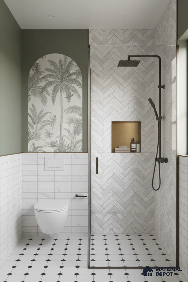 Scandinavian bathroom with herringbone marble wall tiles, palm motif wallpaper, and geometric black-and-white floor tiles | Material Depot