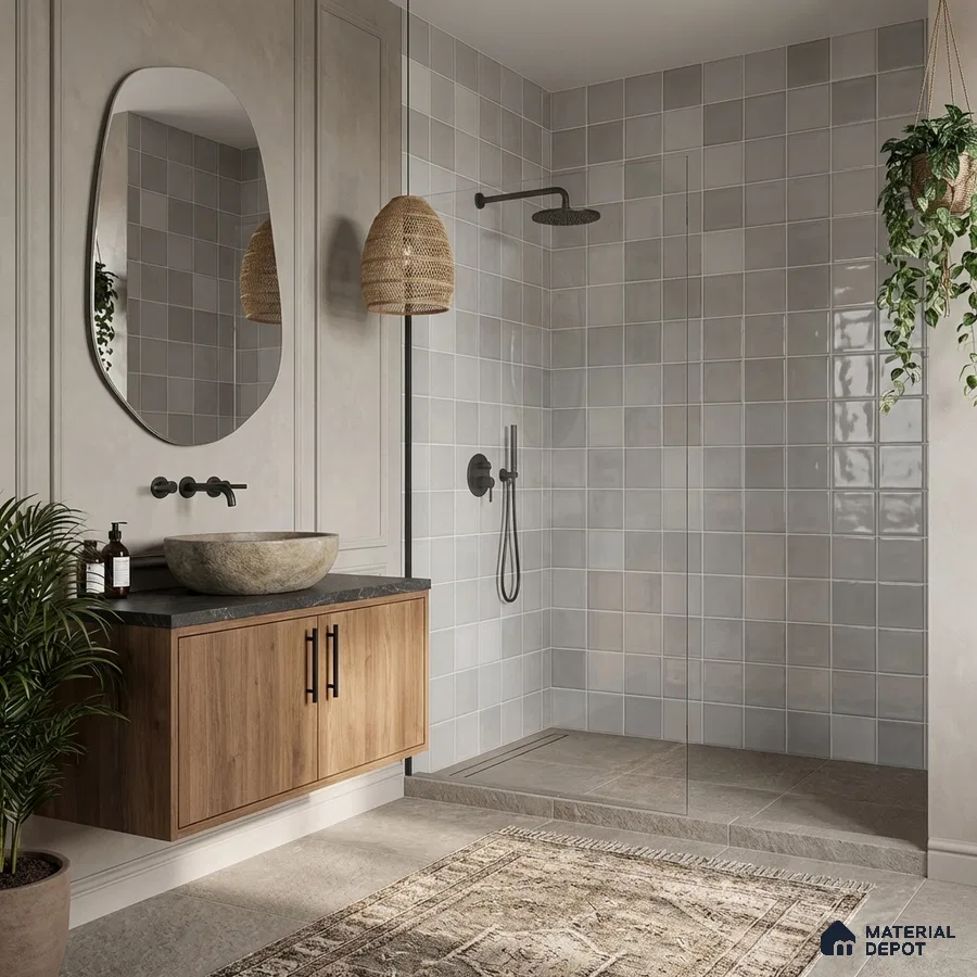 Scandinavian bathroom with light grey square wall tiles, wooden vanity, and stone countertop