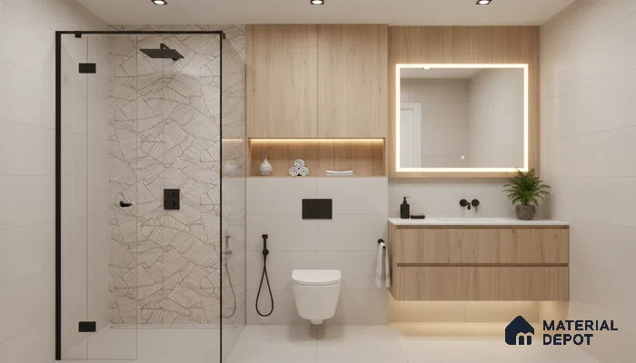 Scandinavian bathroom design with light oak laminate vanity, beige wall tiles, and leaf-patterned accent shower wall tile in Bengaluru | Material Depot