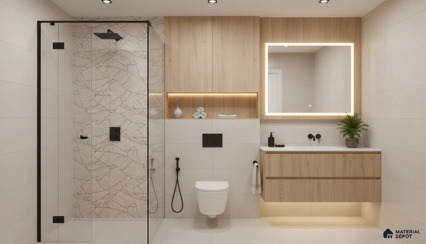 Scandinavian bathroom design with light oak laminate vanity, beige wall tiles, and leaf-patterned accent shower wall tile in Bengaluru | Material Depot