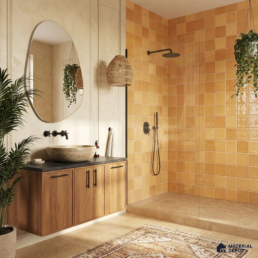 Scandinavian bathroom with matte terracotta wall tiles and natural wood vanity