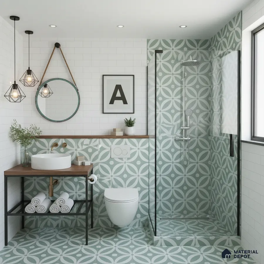 Scandinavian bathroom with mint green geometric patterned tiles and white subway wall tiles in Bengaluru | Material Depot
