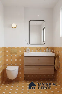 Scandinavian bathroom with mustard patterned tiles, white wall tiles, and wood vanity in Bengaluru | Material Depot