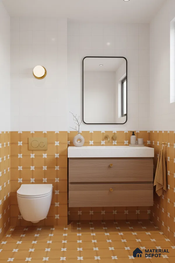 Scandinavian bathroom with mustard patterned tiles, white wall tiles, and wood vanity in Bengaluru | Material Depot