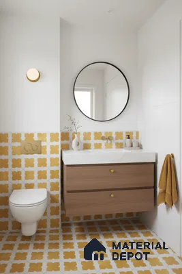Scandinavian bathroom with mustard yellow geometric patterned tiles and wood vanity in Bengaluru | Material Depot