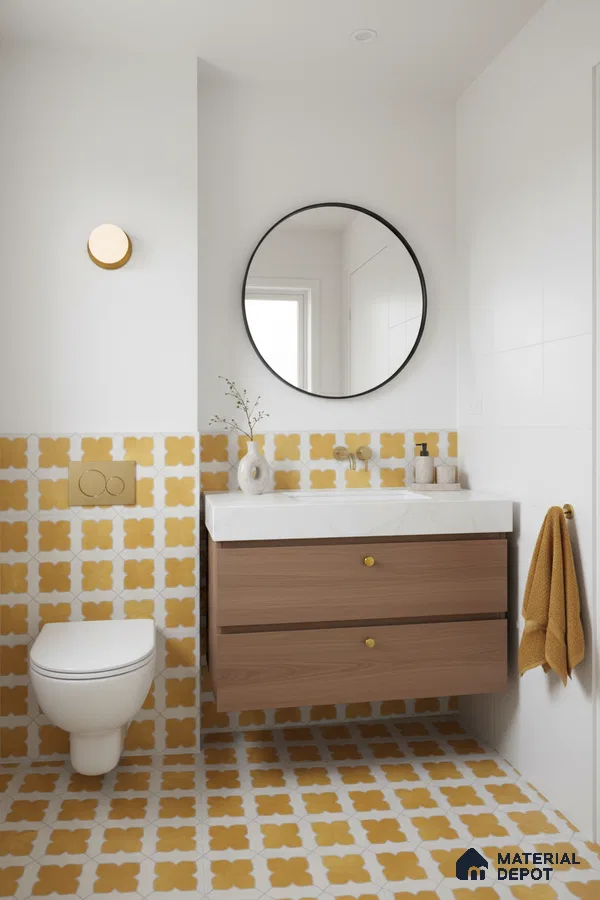 Scandinavian bathroom with mustard yellow geometric patterned tiles and wood vanity in Bengaluru | Material Depot