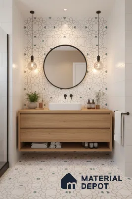 Scandinavian bathroom with oak wood vanity and geometric patterned wall and floor tiles in Bengaluru | Material Depot