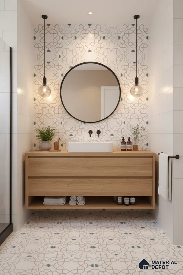 Scandinavian bathroom with oak wood vanity and geometric patterned wall and floor tiles in Bengaluru | Material Depot
