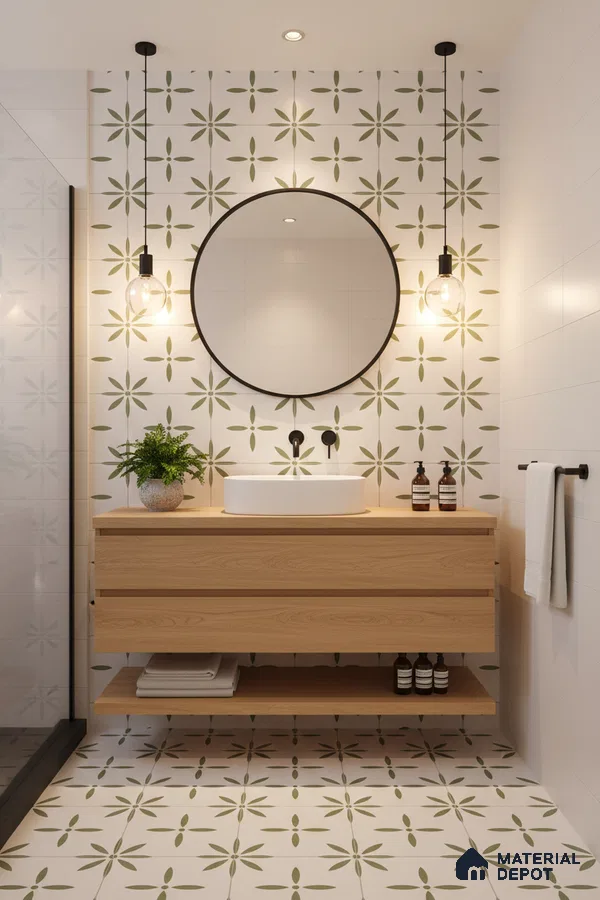 Scandinavian bathroom with olive green floral patterned tiles and light oak floating vanity in Bengaluru | Material Depot