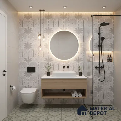 Scandinavian bathroom design with palm patterned wall tiles, light wood vanity, and geometric green floor tiles in Bengaluru | Material Depot