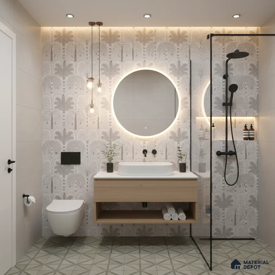 Scandinavian bathroom design with palm patterned wall tiles, light wood vanity, and geometric green floor tiles in Bengaluru | Material Depot