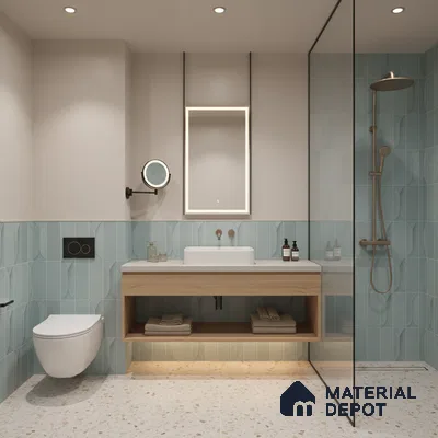 Scandinavian bathroom with pastel blue geometric wall tiles, terrazzo floor tiles, and light wood vanity | Material Depot