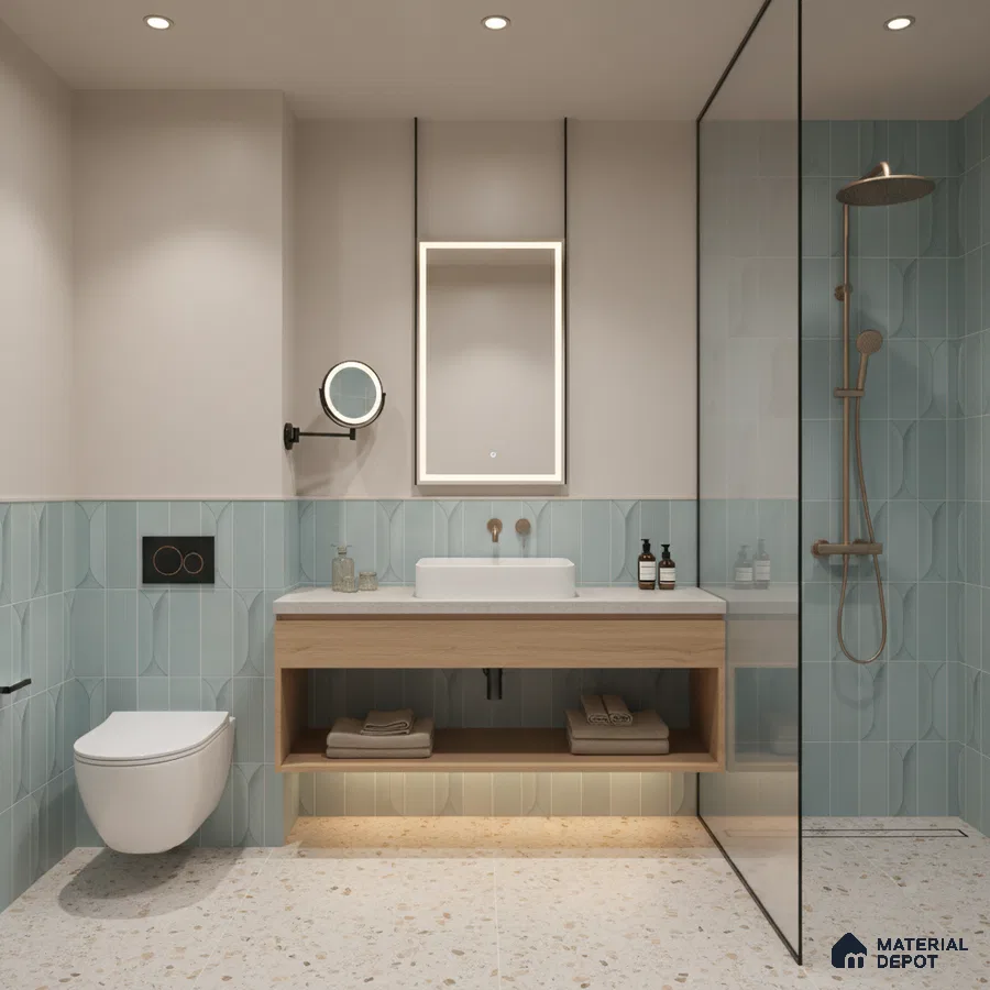 Scandinavian bathroom with pastel blue geometric wall tiles, terrazzo floor tiles, and light wood vanity | Material Depot