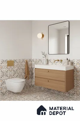 Scandinavian bathroom with patterned beige moroccan tiles and light oak vanity in Bengaluru | Material Depot