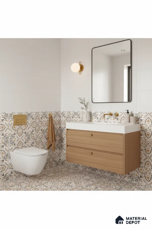 Scandinavian bathroom with patterned beige moroccan tiles and light oak vanity in Bengaluru | Material Depot