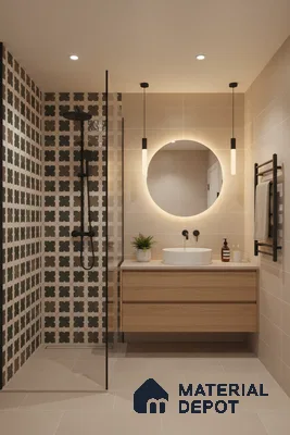 Scandinavian bathroom with patterned geometric shower wall tiles, beige matte wall and floor tiles, and light oak floating vanity in Bengaluru | Material Depot