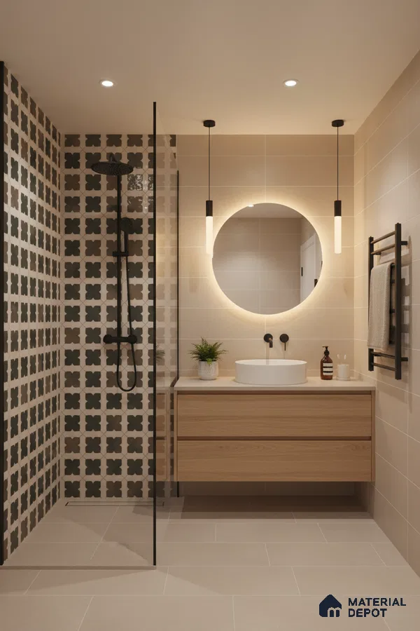 Scandinavian bathroom with patterned geometric shower wall tiles, beige matte wall and floor tiles, and light oak floating vanity in Bengaluru | Material Depot