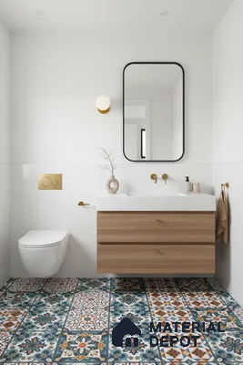 Scandinavian bathroom with patterned moroccan floor tiles, white wall tiles, and light oak vanity in Bengaluru | Material Depot