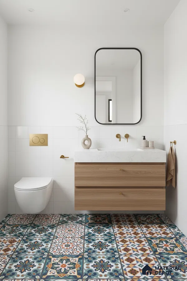 Scandinavian bathroom with patterned moroccan floor tiles, white wall tiles, and light oak vanity in Bengaluru | Material Depot