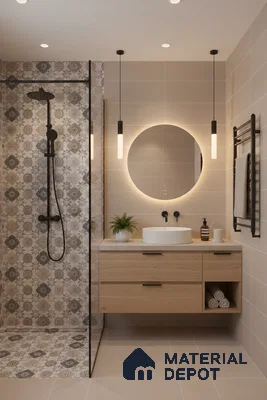 Scandinavian bathroom with patterned shower tiles, beige wall tiles, and light oak vanity in Bengaluru | Material Depot