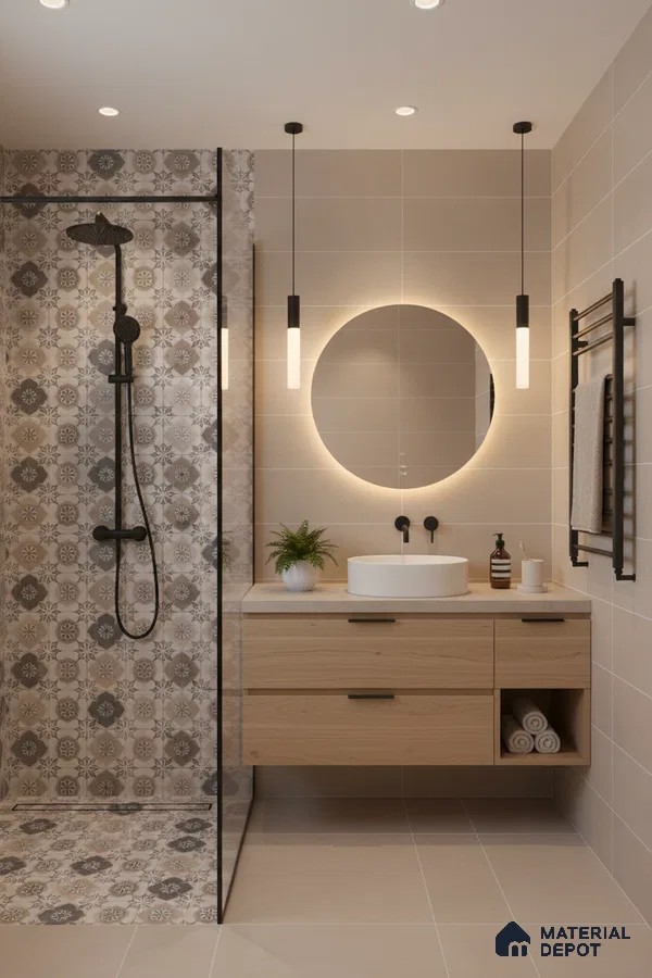Scandinavian bathroom with patterned shower tiles, beige wall tiles, and light oak vanity in Bengaluru | Material Depot
