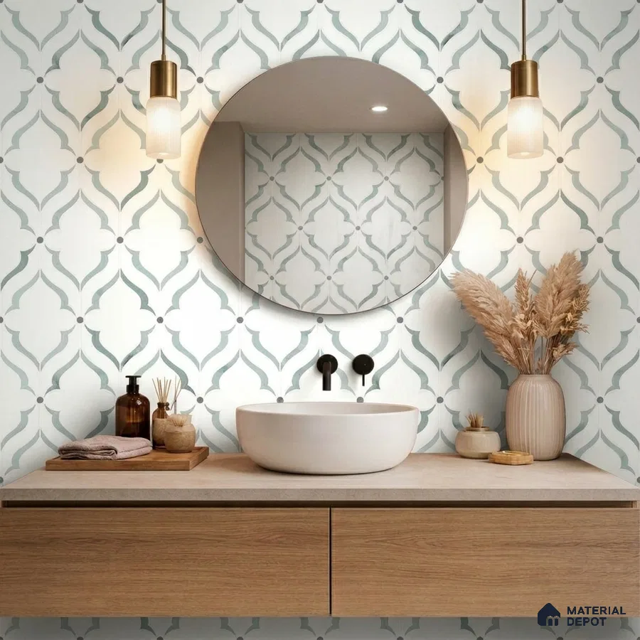 Scandinavian bathroom with patterned wall tiles and light oak laminate floating vanity