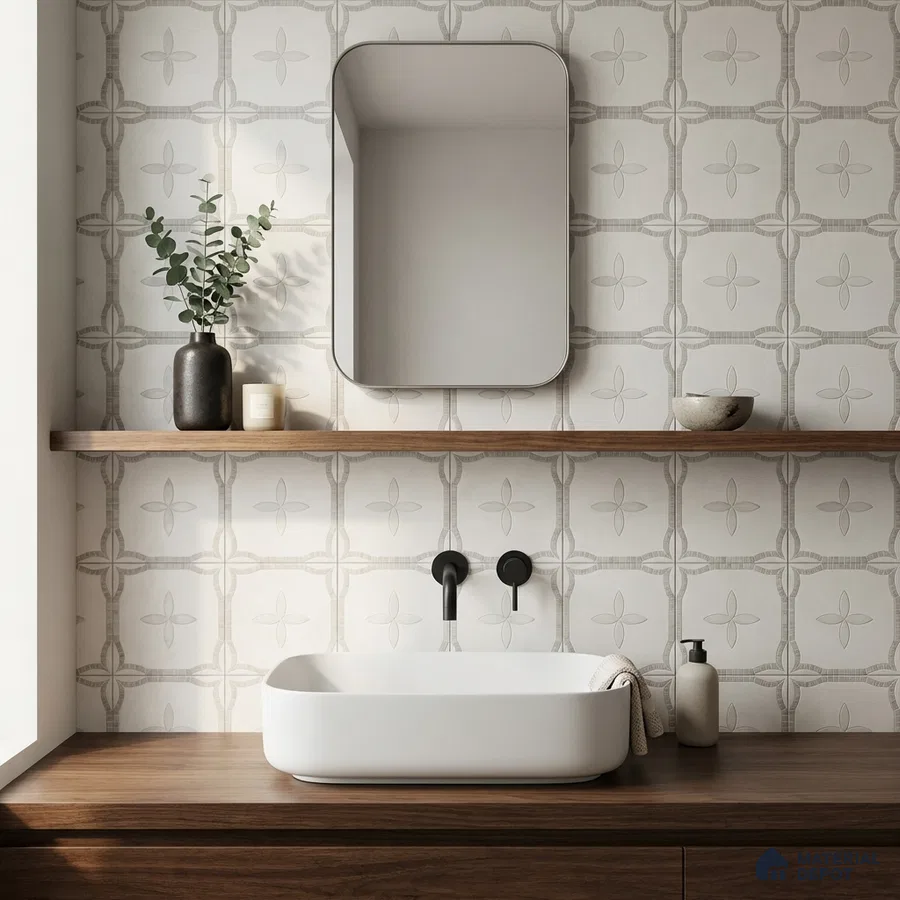 Scandinavian bathroom with patterned wall tiles and walnut wood vanity