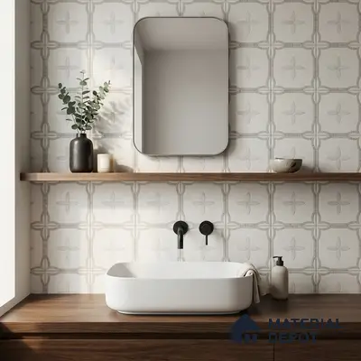 Scandinavian bathroom with patterned wall tiles and walnut wood vanity